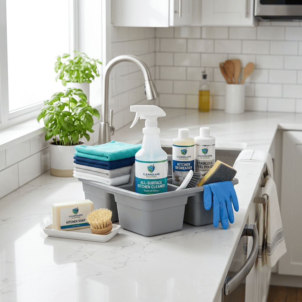Spray bottle, kitchen degreaser, stainless steel polish, kitchen soap, cleaning cloths, gloves, brush, sponge in a kitchen setting